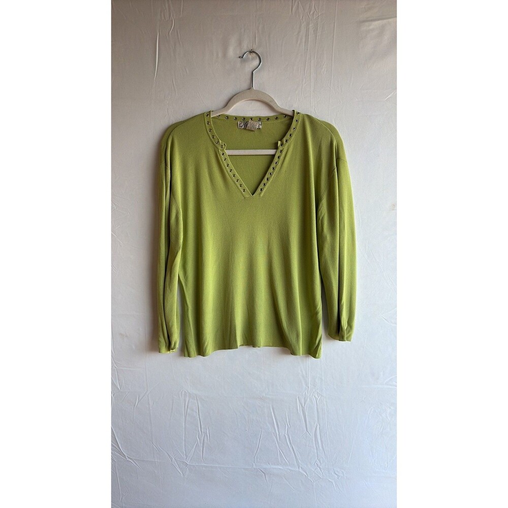 Vintage Dressbarn Y2K Lime Green Grommet V-Neck Ribbed Knit Sweater